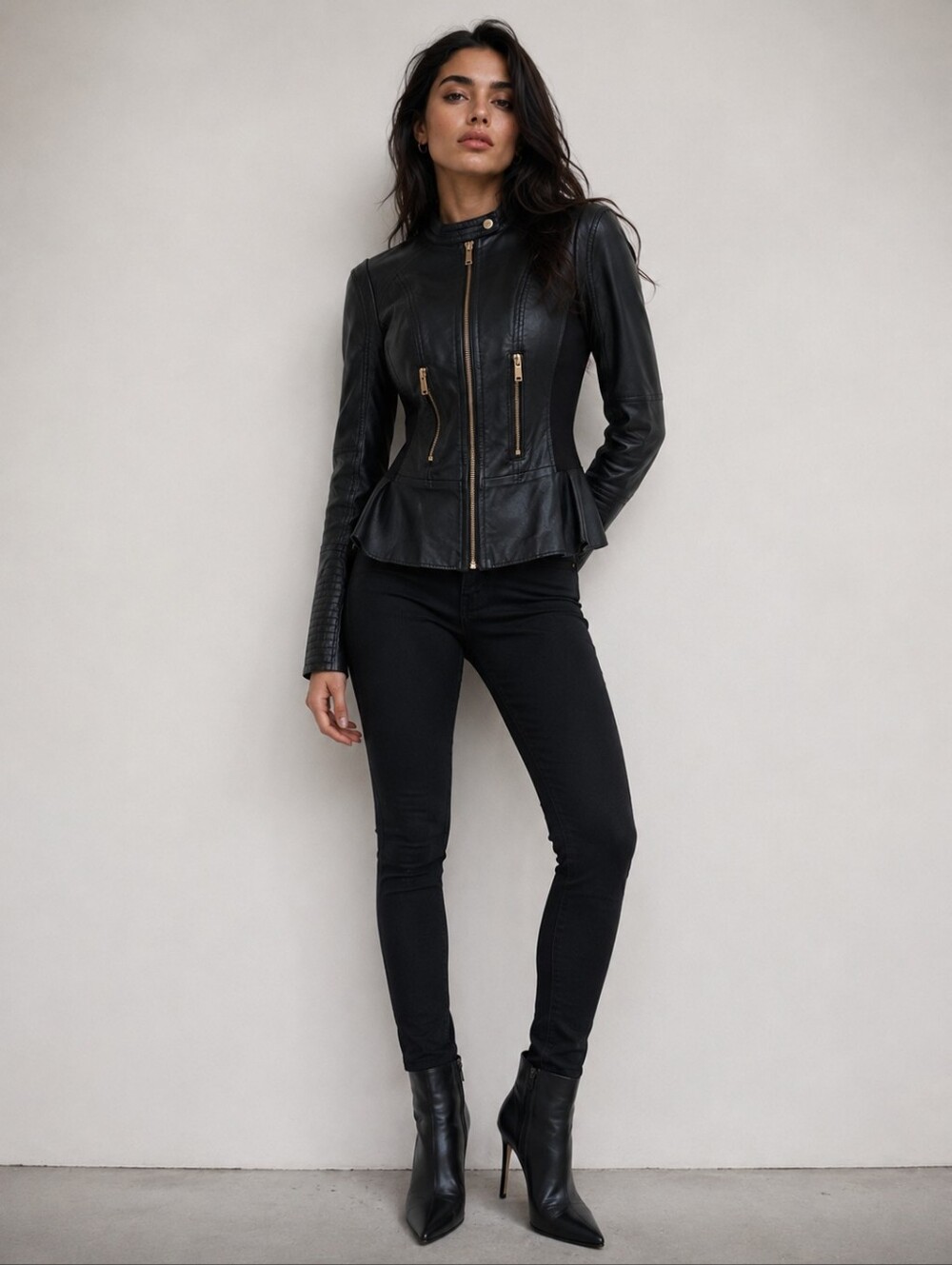Suzy Shier Black Leather Zip-Front Moto Jacket
